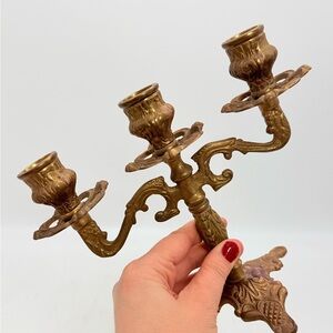 Vintage ornate brass 3-arm candelabra candle holder with intricate details |